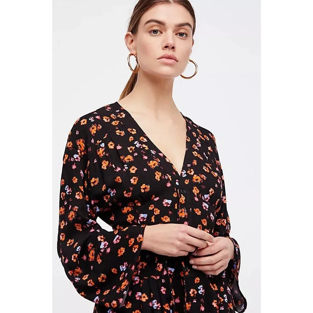 New Free People x L'amour Floral Romper Black Combo Long Sleeve $98 Size 0